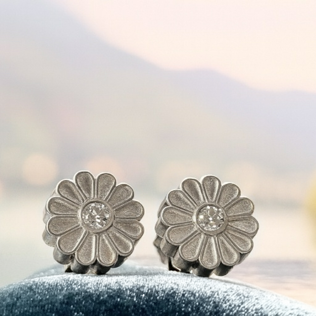 Rosette Silver Diamond Stud Earrings